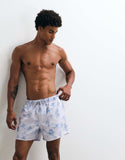 ASOS DESIGN swim shorts in short length with palm tree print in washed blue