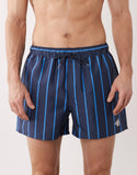ASOS DESIGN swim shorts in short length with blue stripe and embroidery in navy
