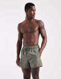 ASOS DESIGN swim shorts in short length in khaki with binding