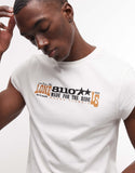 ASOS DESIGN slim T-shirt with text graphic in cream.