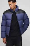boohooMAN Regular Fit PU Yoke Nylon Panel Puffer Jacket