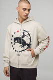 boohooMAN Stone Överdimensionerad Boxig Westerntryckt Dragkedje-Hoodie