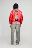 boohooMAN Boxy Fit Letter Badge Applique PU Varsity Bomber Jacket