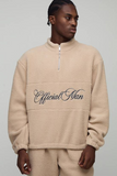 boohooMAN Oversized Boxy Borg Panel Slogan Quarter Zip Funnel Sweatshirt