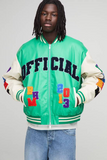 boohooMAN Boxy Fit Letter Badge Official Applique PU Varsity Bomber Jacket