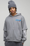 boohooMAN Oversized Boxy Moto Zip Through Faux Layer Hoodie