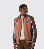 BoohooMAN Plus BM Badge Collared PU Varsity Jacket In Brown