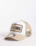 New Era New York location patch trucker cap in beige/white
