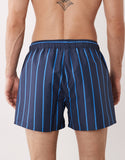 ASOS DESIGN swim shorts in short length with blue stripe and embroidery in navy