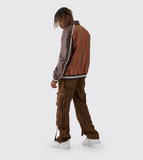 BoohooMAN Plus BM Badge Collared PU Varsity Jacket In Brown