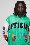 boohooMAN Boxy Fit Letter Badge Official Applique PU Varsity Bomber Jacket