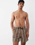 ASOS DESIGN swim shorts in mid length with geo print in brown