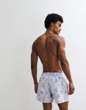 ASOS DESIGN swim shorts in short length with palm tree print in washed blue