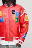boohooMAN Boxy Fit Letter Badge Applique PU Varsity Bomber Jacket