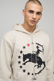 boohooMAN Stone Överdimensionerad Boxig Westerntryckt Dragkedje-Hoodie