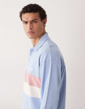 ASOS DESIGN heavyweight oversized stripe long sleeve polo in light blue texture.