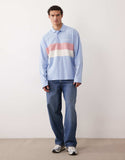 ASOS DESIGN heavyweight oversized stripe long sleeve polo in light blue texture.
