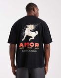 ASOS DESIGN oversized t-shirt with cartoon graphic in black.
