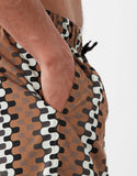 ASOS DESIGN swim shorts in mid length with geo print in brown