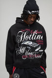 Black Oversized Boxy Hotline Graphic Zip Through Hoodie