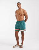 ASOS DESIGN swim shorts in mid length with placement print in green