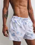ASOS DESIGN swim shorts in short length with palm tree print in washed blue