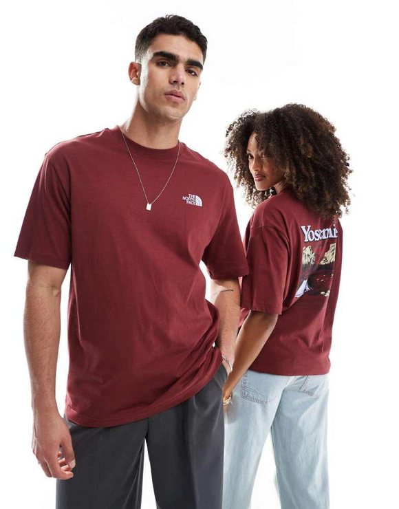 The North Face Yosemite Postcard backprint oversized t-shirt in burgundy