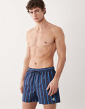 ASOS DESIGN swim shorts in short length with blue stripe and embroidery in navy