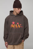 Washed Chocolate Oversized Man Star Printed Hoodie
