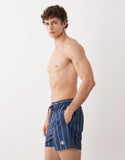ASOS DESIGN swim shorts in short length with blue stripe and embroidery in navy