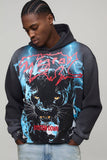 Oversized Boxy Washed Panther Over Seam Graphic Hoodie