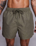 ASOS DESIGN short length swim shorts in khaki-green leopard jacquard