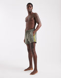 ASOS DESIGN swim shorts in short length in khaki with binding