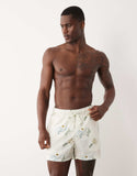 ASOS DESIGN short length seersucker swim shorts with print in ecru