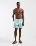 ASOS DESIGN swim shorts in mid length in turquoise watercolor stripes
