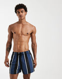 ASOS DESIGN swim shorts in short length in navy and black stripes