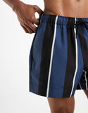 ASOS DESIGN swim shorts in short length in navy and black stripes