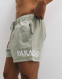 ASOS DESIGN short length swim shorts with placement print in sage green