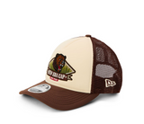 New Era 9forty graphic embroidered trucker cap in beige/brown
