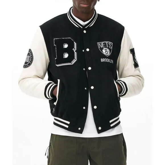 Brooklyn Nets Varsity Black and Off White Jacket