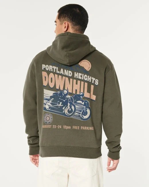 Men's Green Relaxed Portland Motorcycle Club Graphic Hoodie