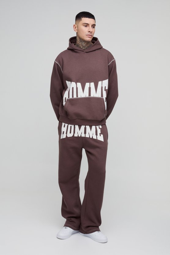 Tall Oversized Boxy Twill Applique Contrast Stitch Hooded Tracksuit