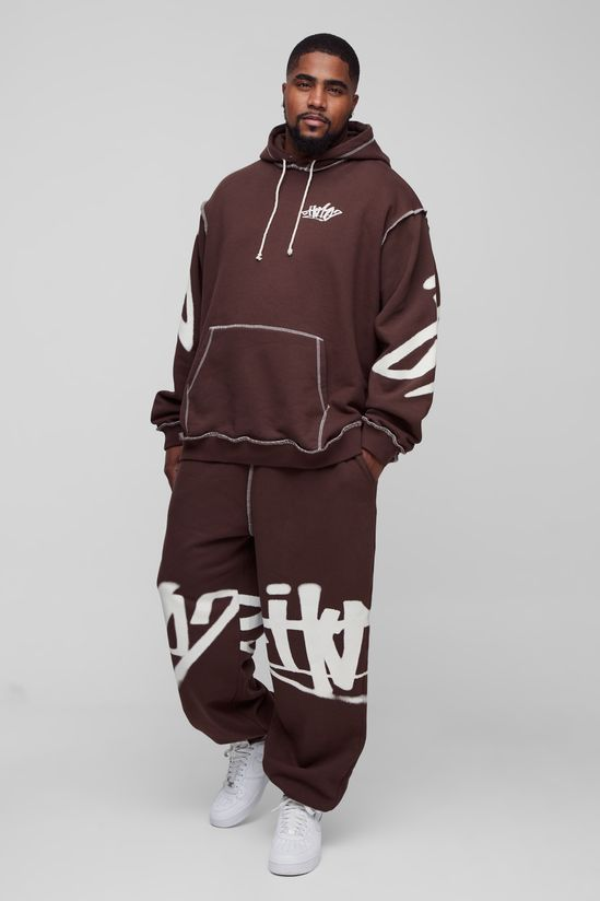 boohooMAN Plus Oversized Man Graffiti Rope Drawcord Hooded Tracksuit