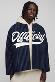 Oversized Collarless Stripe Baseball Varsity Jacket