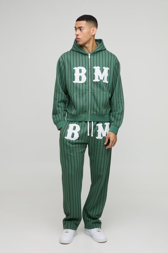 BOOHOOMAN Oversized Boxy Pinstripe Applique Zip Hooded Tracksuit