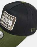 New Era E-frame camo patch logo cap in black with khaki contrast peak