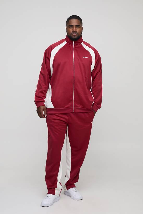 boohooMAN Plus size men's tracksuit in color block knit, regular fit and funnel neck