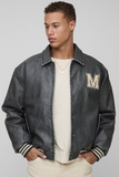 Tall Boxy Washed Pu Varsity Jacket In Grey