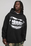 boohooMAN Black Oversized Rhinestone Mouth Foil Print Graphic Hoodie