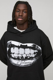 boohooMAN Black Oversized Rhinestone Mouth Foil Print Graphic Hoodie
